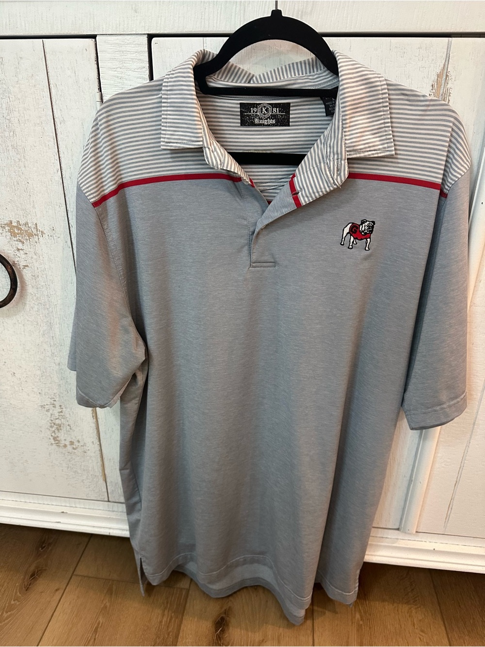 Gray Striped Collar Men’s Polo with Red Accent - UGA Bulldog Embroidered